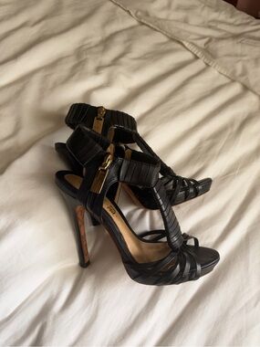 L.A.M.B. Gwen Stefani Black Leather T-Strap Stiletto Heels